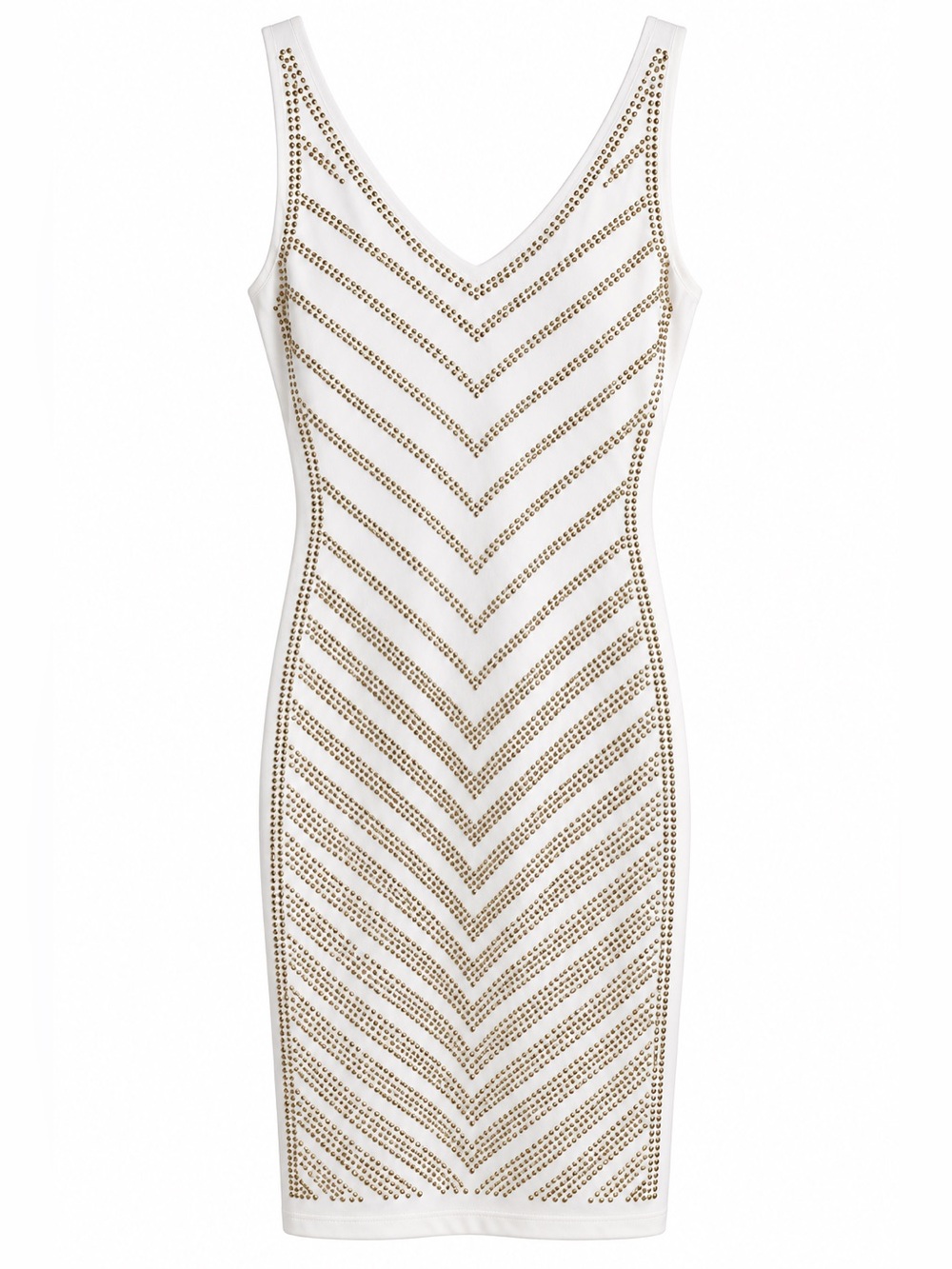 Carmen Marc Valvo White Dress with Gold Stud Chevron Detail